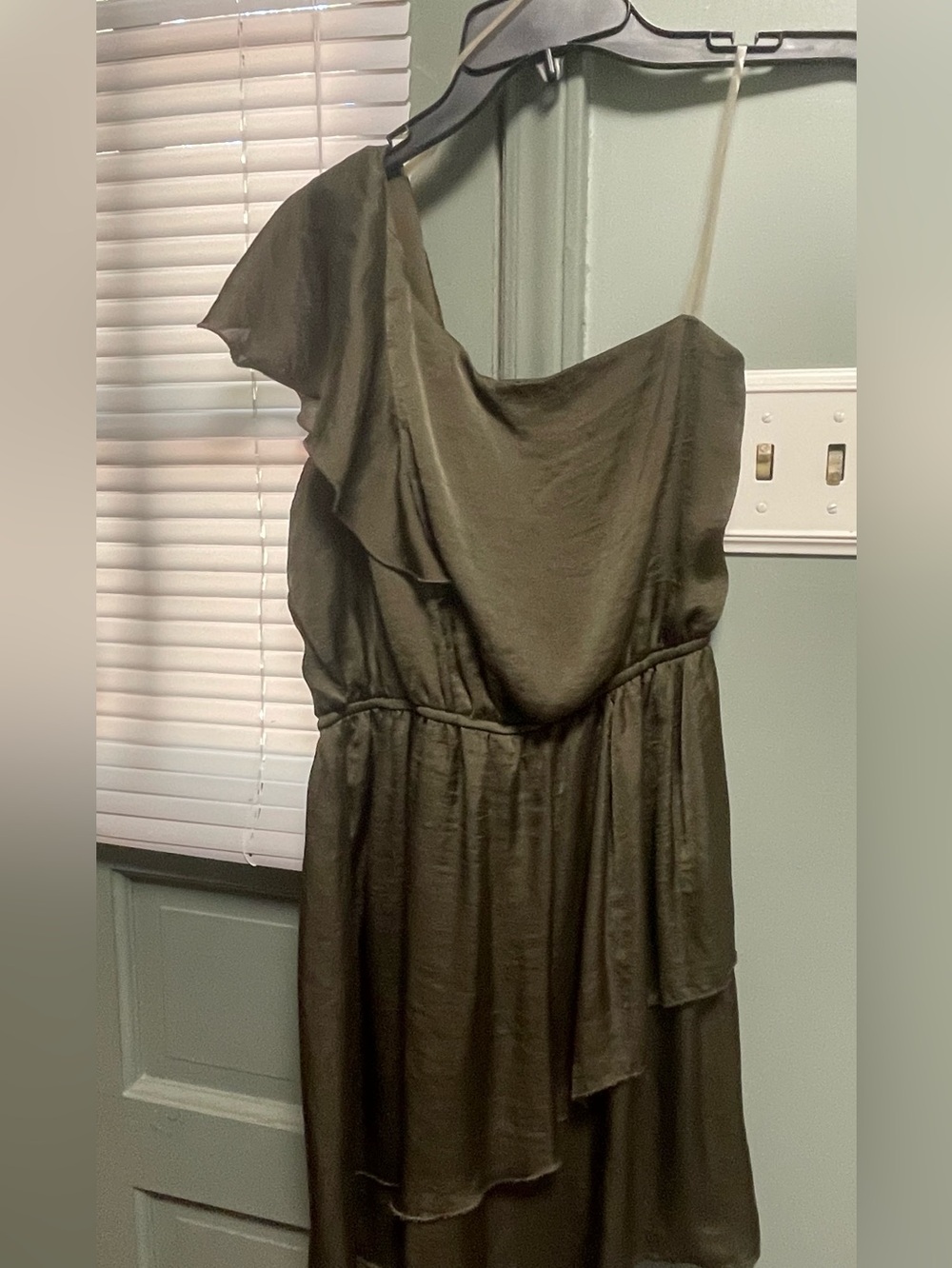 Sequin Hearts One-Shoulder Olive Green Ruffle Dress